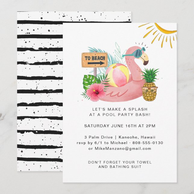 Watercolor Summer Pool Party Invitation (Devant / Derrière)