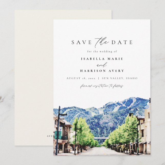 Watercolor Sun Valley Idaho Berg Save the Date Einladung (Vorne/Hinten)