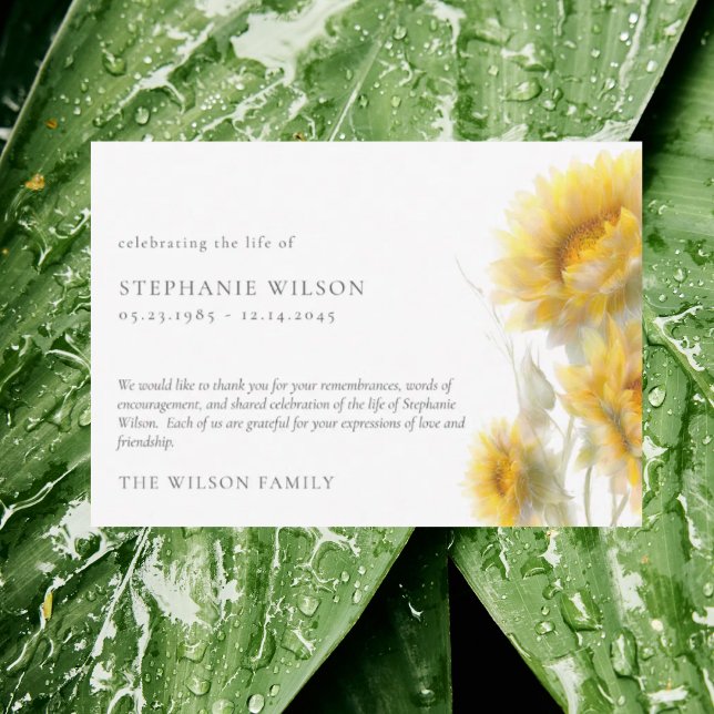 Watercolor Sunflower Funeral Bereavement Thank You Dankeskarte (Von Creator hochgeladen)
