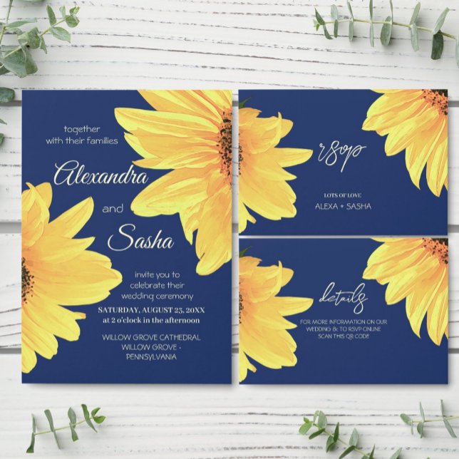 Watercolor Sunflowers dark blue Wedding RSVP Karte (Von Creator hochgeladen)