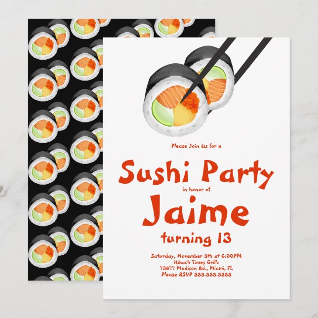 Watercolor Sushi Rolls Teen Birthday Hibachi Einladung (Vorne/Hinten)