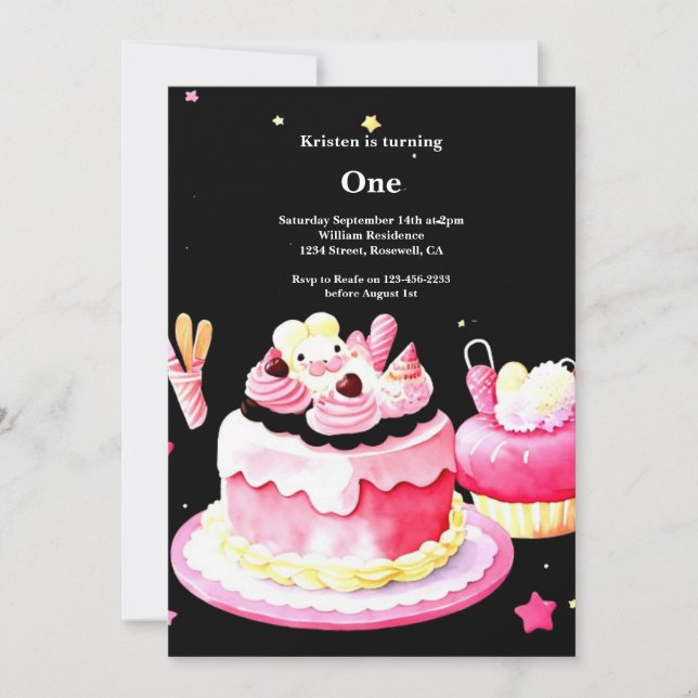 Watercolor Sweet Cake 1er Anniversaire Invitation (Devant)