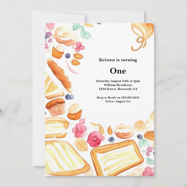 Watercolor Sweet Cake 1er Anniversaire Invitation (Devant)