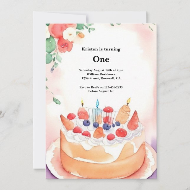 Watercolor Sweet Cake 1er Anniversaire Invitation (Devant)