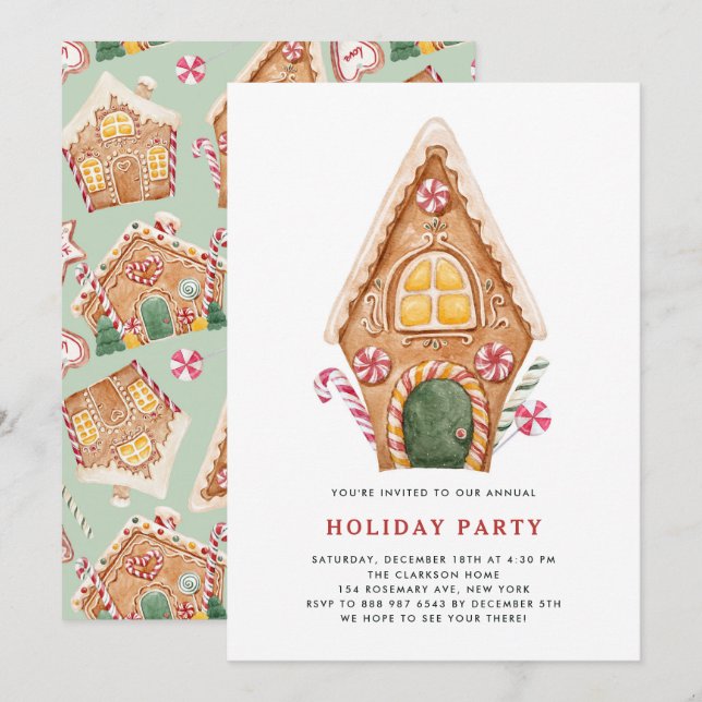 Watercolor Tall Gingerbrot House Holiday Party Einladung (Vorne/Hinten)