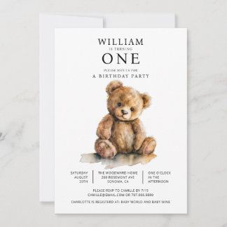 Watercolor Teddy Bear 1st Birthday Party Einladung