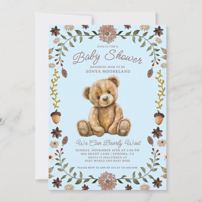 Watercolor Teddy Bear Boy Blue Baby Shower Einladung (Vorderseite)