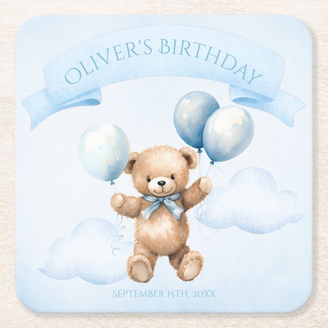 Watercolor Teddy Bear & Gift First Birthday Rechteckiger Pappuntersetzer (Vorderseite)