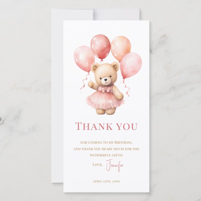 Watercolor Teddy Bear Girl 1st Birthday Thank You  Dankeskarte (Vorderseite)