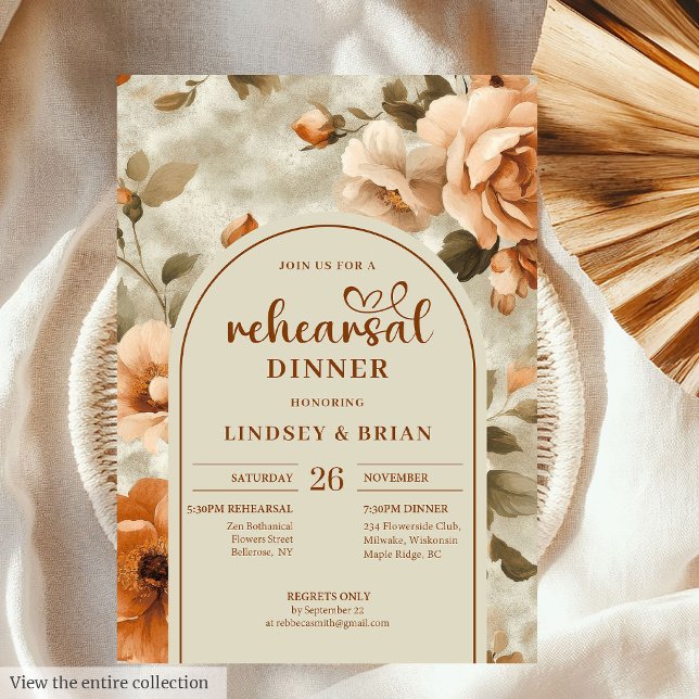 Watercolor Terracotta Floral Wedding Rehearsal Einladung (Watercolor Terracotta Olive Floral Wedding Rehearsal Invitation)
