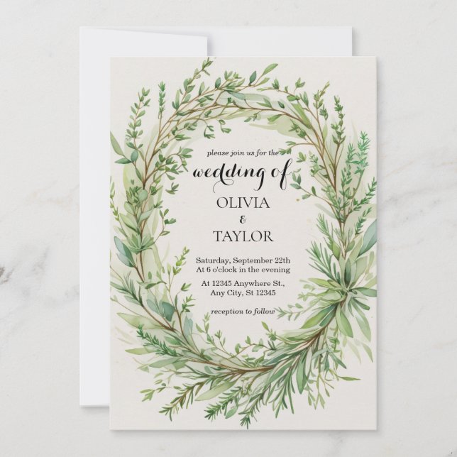 Watercolor Thyme Rosemary Sprig Wreath Wedding Einladung (Vorderseite)