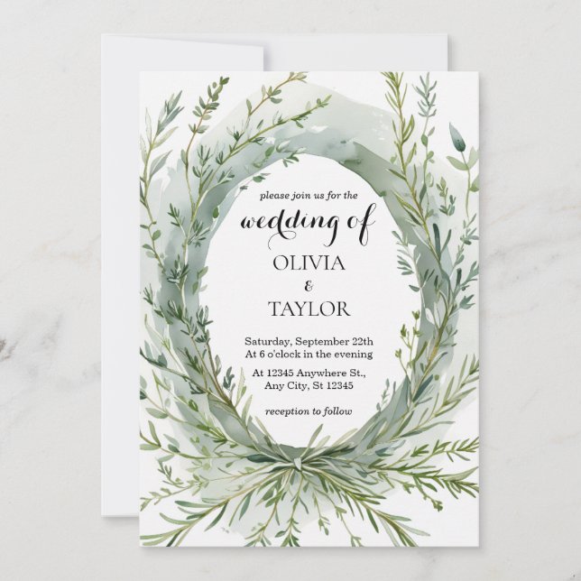 Watercolor Thyme Rosemary Sprig Wreath Wedding Einladung (Vorderseite)