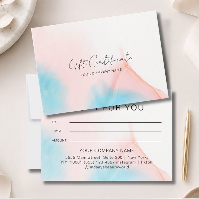 Watercolor-Tinte-Geschenkgutschein (Watercolor Ink Gift Certficate Blue Beige Pink)