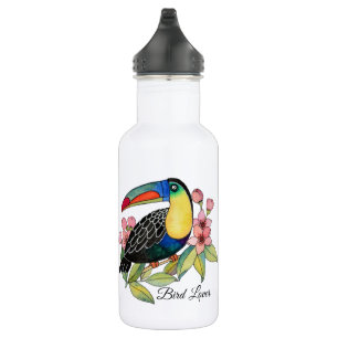 Watercolor Toucan Vogel mit Blumen Edelstahlflasche