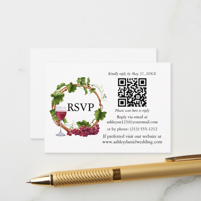Watercolor Trauben Wreath Wedding RSVP QR Begleitkarte (Vorderseite/Rückseite Beispiel)