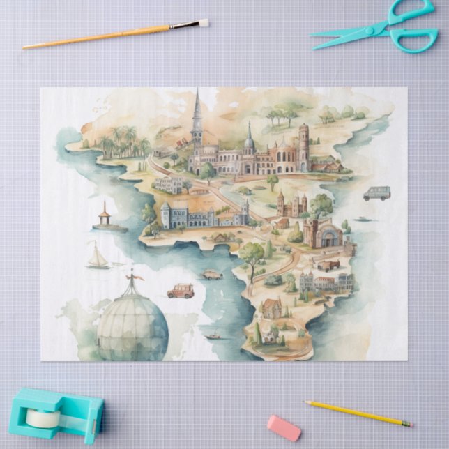 Watercolor Travel Map Seidenpapier (Basteln)