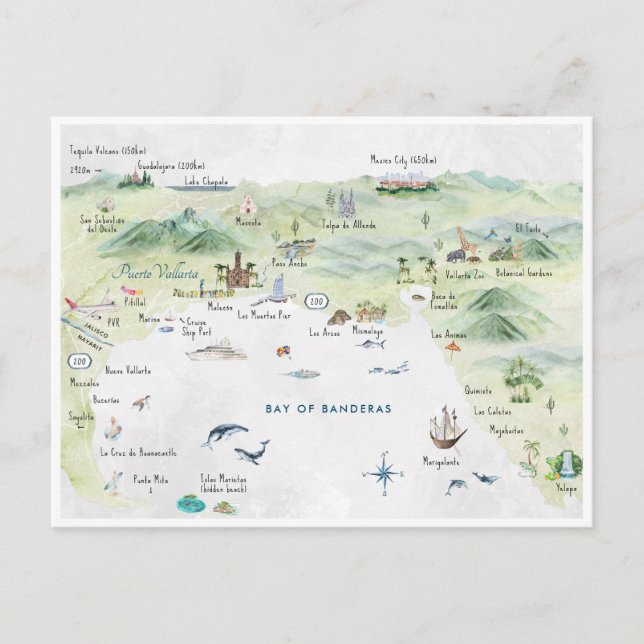 Watercolor Travel Postcard | Puerto Vallarta Postkarte (Vorderseite)