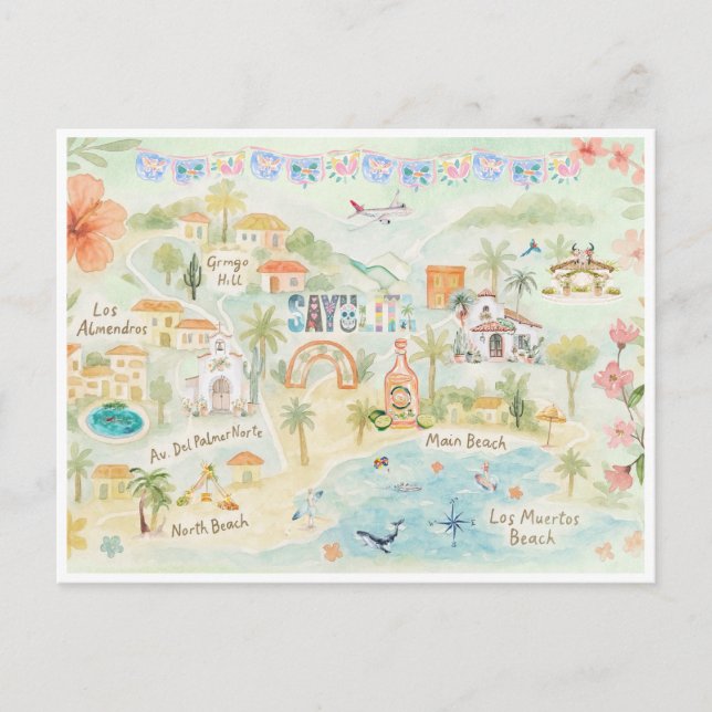 Watercolor Travel Postcard | Sayulita Mexico Postkarte (Vorderseite)