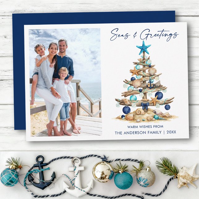 Watercolor Tree Seas and Greetings Photo Beach Feiertagskarte (Customize to change your personalized text size or text style.)
