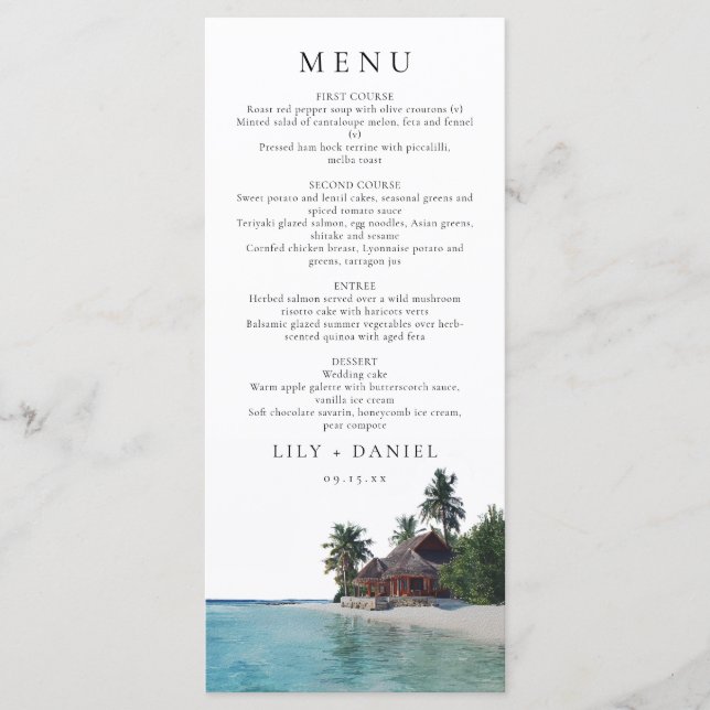 Watercolor Tropical Beach Destination Wedding Menükarte (Vorderseite)