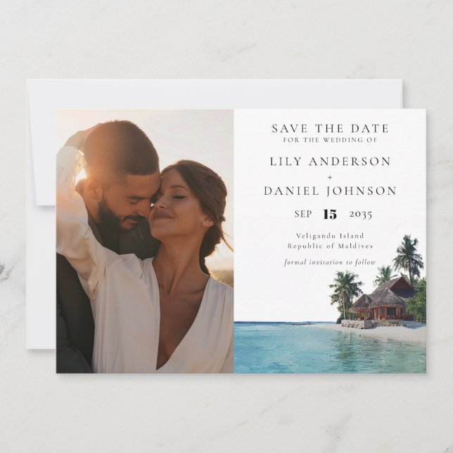 Watercolor Tropical Beach Photo Wedding Save The Date (Vorderseite)