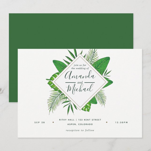Watercolor Tropical Blätter Beach Wedite Einladung (Vorne/Hinten)