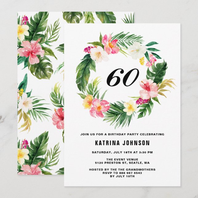 Watercolor Tropical Blume Wreath Birthday Party Einladung (Vorne/Hinten)
