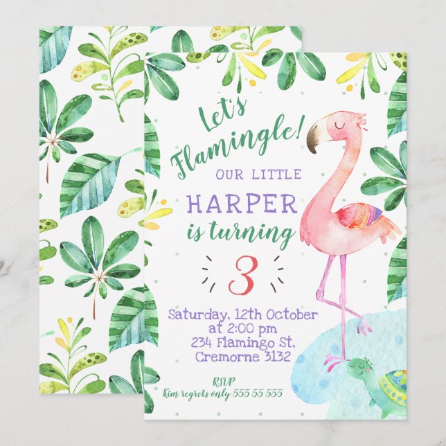 Watercolor Tropical Flamingo Einladung zum Geburts (Vorne/Hinten)