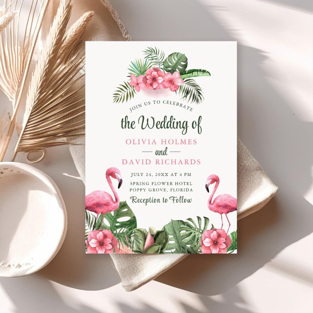 Watercolor Tropical Flamingo Wedding Einladung (Watercolor Tropical Flamingo Wedding Invitation on a sunny neutral boho table with dry palm leaf.)