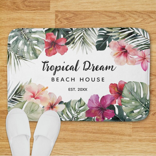 Watercolor Tropical Floral Botanical Beach House Badematte (In situ)