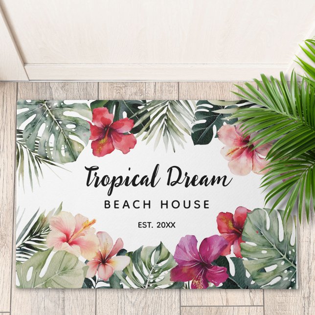 Watercolor Tropical Floral Botanical Beach House Fußmatte (In situ)