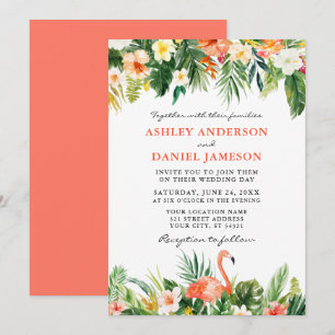 Watercolor Tropical Floral Flamingo Wedding Coral Einladung