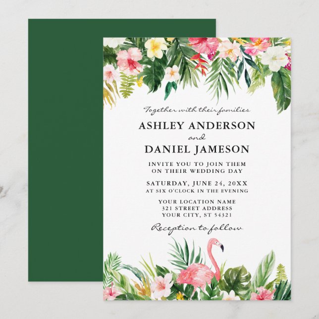 Watercolor Tropical Floral Flamingo Wedding Einladung (Vorne/Hinten)