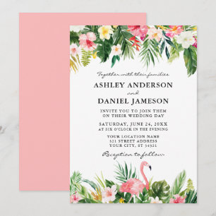 Watercolor Tropical Floral Flamingo Wedding Pink Einladung