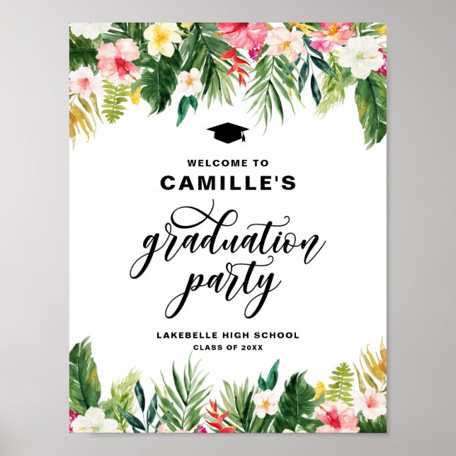 Watercolor Tropical Flowers Graduation Welcome Poster (Vorne)