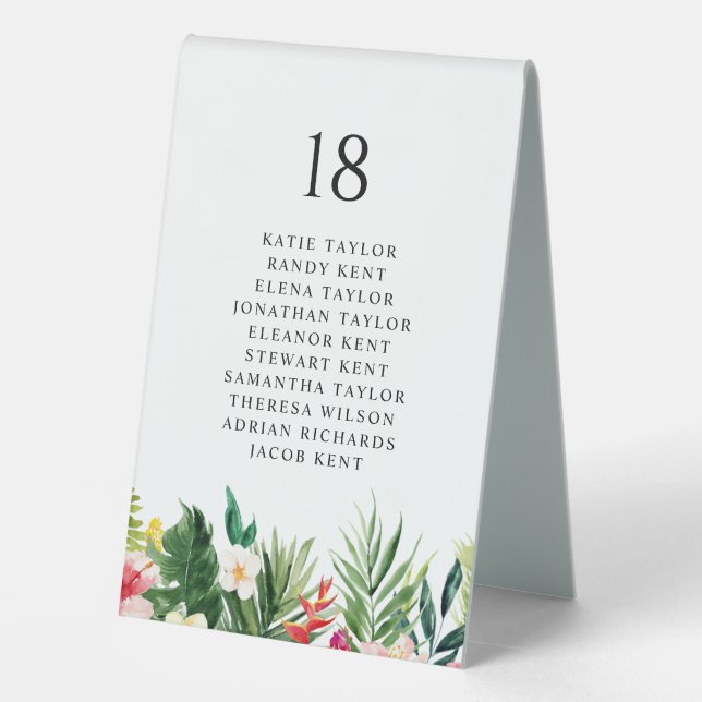 Watercolor Tropical Flowers Wedding Seating Tischaufsteller (Rückseite)