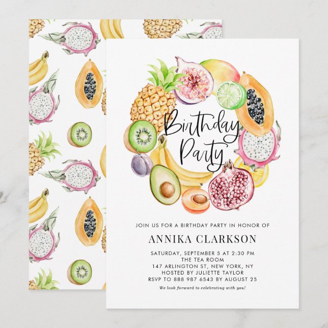 Watercolor Tropical Fruits Summer Birthday Party Einladung (Vorne/Hinten)