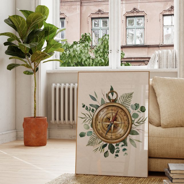 Watercolor Tropical Green Blätter Nature Compass Poster (In situ living room)