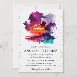 Watercolor Tropical Island Sunset Wedge Einladung