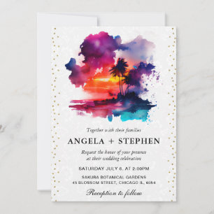 Watercolor Tropical Island Sunset Wedge Einladung