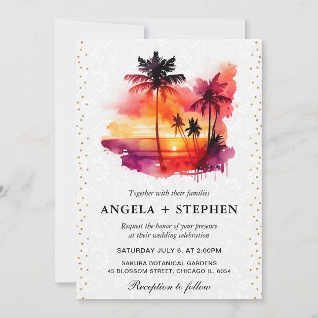 Watercolor Tropical Island Sunset Wedge Einladung (Vorderseite)