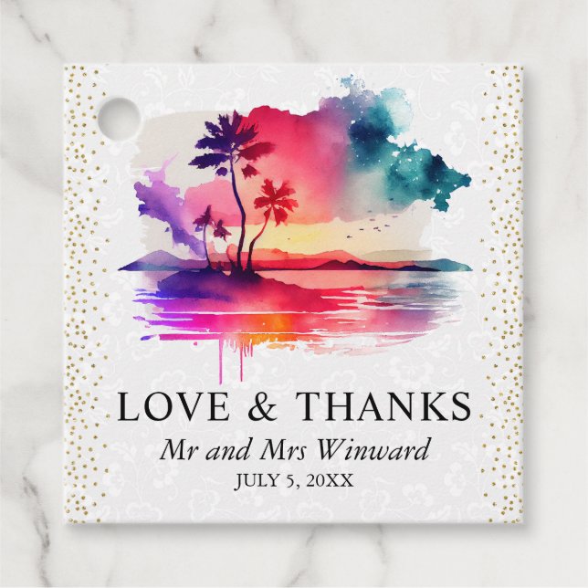 Watercolor Tropical Island Sunset Wedge Geschenkanhänger (Vorderseite)