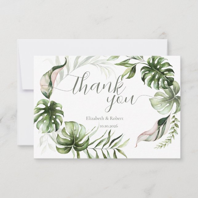 Watercolor Tropical Leaves Greenery  Dankeskarte (Vorderseite)