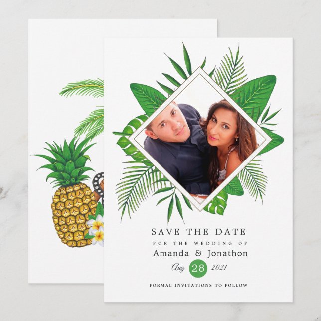 Watercolor Tropical Luau Aloha Wedding Foto Save The Date (Vorne/Hinten)