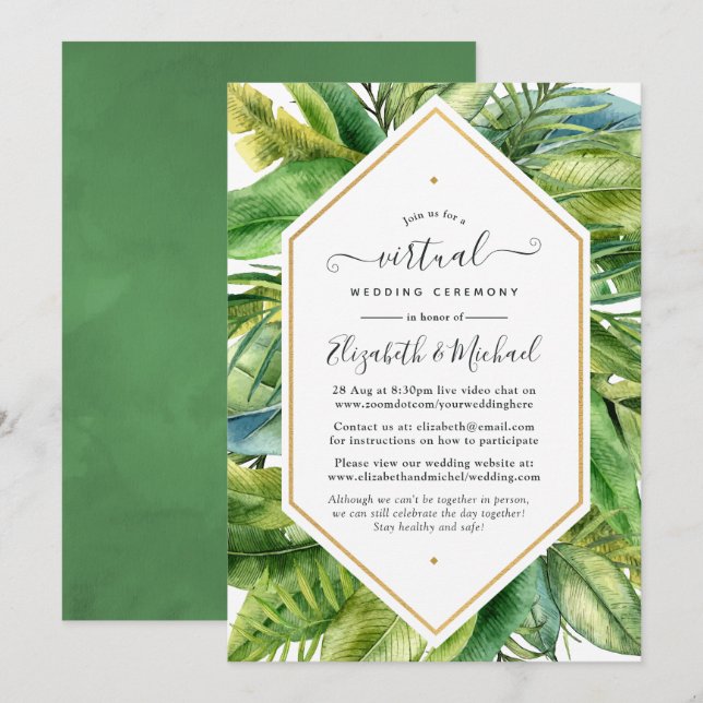 Watercolor Tropical Online Virtual Wedding Einladung (Vorne/Hinten)