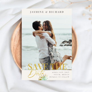 Watercolor Tropical Palm Destination Wedding Photo Save The Date