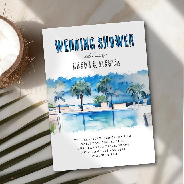 Watercolor Tropical Pool Summer Polterabend Einladung (Summer wedding shower invitation from the Couples Shower Invitation collection by Darling & May)