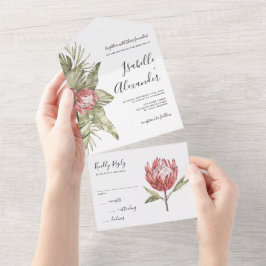 Watercolor Tropical Protea Wedding  All In One Einladung