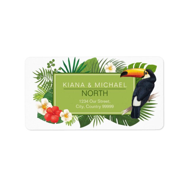 Watercolor Tropical w/Toucan Wedding Green ID577 Adressaufkleber (Vorne)