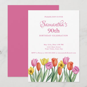 Watercolor Tulips 90. Geburtstagsparty Einladung